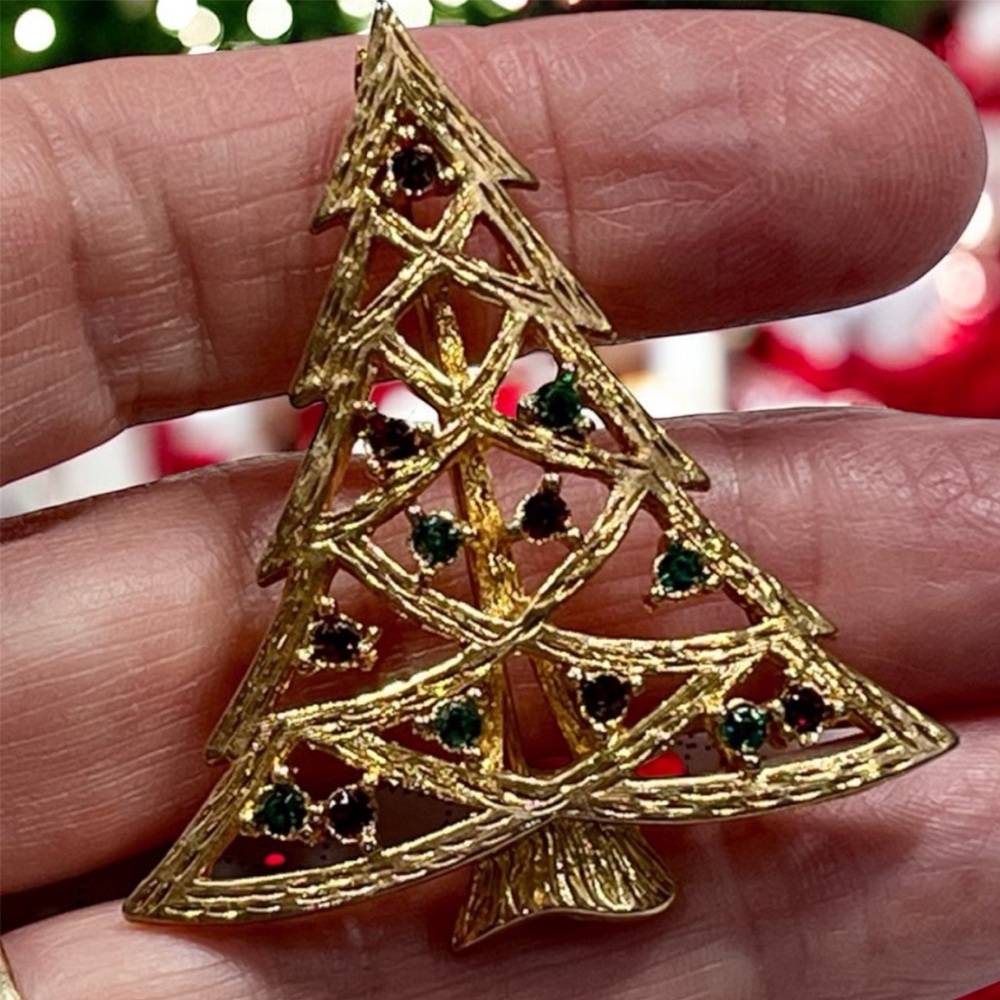 Vintage Gold-Tone Tree Brooch, Red & Green Rhinestone, approx 2” Ht, Signed